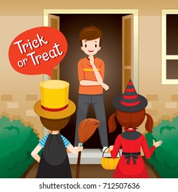 Trick Or Treat, Children And Man Open Door, Mystery, Holiday, Culture, Halloween, Decoration, Fantasy, Night Party