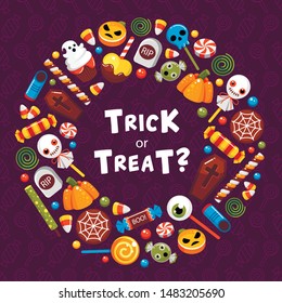 Trick or treat circle frame flat vector template. Halloween sweets social media banner design. Autumn holiday desserts round border with typography. Spooky ghost and pumpkin candies illustration
