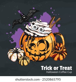 Trick or Treat Coffee Cup Illustration. A cup of hot chocolate drink in Halloween style decorated with pumpkins on dark background. Engraved style vector artwork. Good for cafe menu, ads, poster