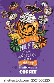 Trick or Treat, Coffee Cup Illustration. Hot chocolate drink in Halloween style decorated with pastries, sweets, pumpkins, leaves, cookies and gingerbreads. Engraved style vector artwork. 