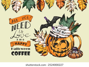 Trick or Treat, Coffee Cup Illustration. Hot chocolate drink in Halloween style decorated with pastries, sweets, pumpkins, leaves, cookies and gingerbreads. Engraved style vector artwork. 