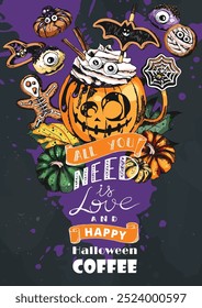 Trick or Treat, Coffee Cup Illustration. Hot chocolate drink in Halloween style decorated with pastries, sweets, pumpkins, leaves, cookies and gingerbreads. Engraved style vector artwork. 