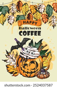 Trick or Treat, Coffee Cup Illustration. Hot chocolate drink in Halloween style decorated with pastries, sweets, pumpkins, leaves, cookies and gingerbreads. Engraved style vector artwork. 