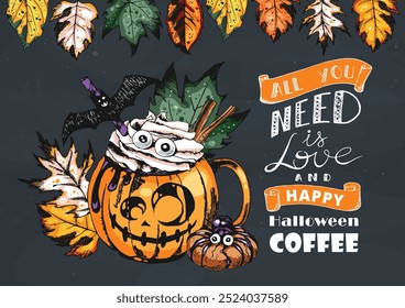 Trick or Treat, Coffee Cup Illustration. Hot chocolate drink in Halloween style decorated with pastries, sweets, pumpkins, leaves, cookies and gingerbreads. Engraved style vector artwork. 