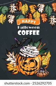 Trick or Treat, Coffee Cup Illustration. Hot chocolate drink in Halloween style decorated with pastries, sweets, pumpkins, leaves, cookies and gingerbreads. Engraved style vector artwork. 