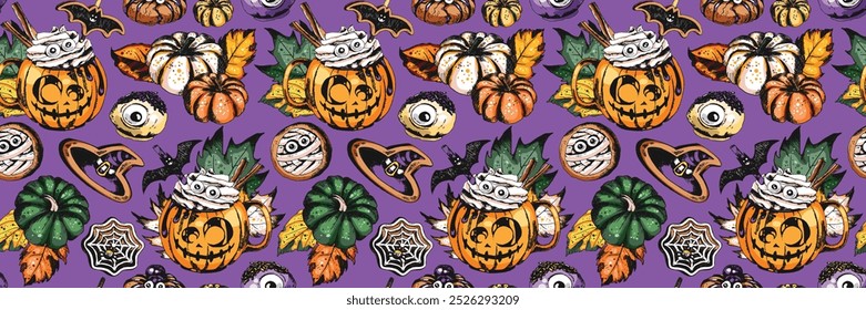 Trick or Treat Coffee Cup Illustration. Hot chocolate drink in Halloween style decorated with pastries, sweets, pumpkins, leaves, cookies. Engraved style vector seamless pattern. 