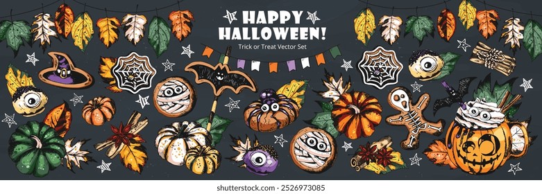 Trick or Treat, Coffee Cup Illustration. Hot chocolate drink in Halloween style decorated with pastries, sweets, pumpkins, leaves, cookies and gingerbreads. Engraved style vector artwork background. 