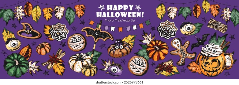 Trick or Treat, Coffee Cup Illustration. Hot chocolate drink in Halloween style decorated with pastries, sweets, pumpkins, leaves, cookies and gingerbreads. Engraved style vector artwork background. 