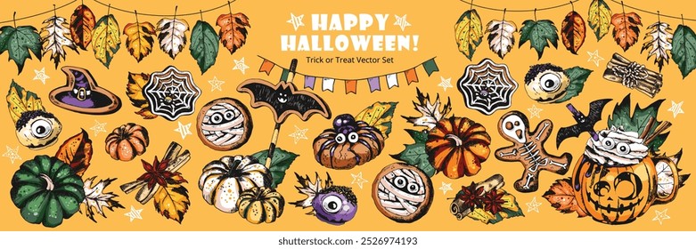 Trick or Treat, Coffee Cup Illustration. Hot chocolate drink in Halloween style decorated with pastries, sweets, pumpkins, leaves, cookies and gingerbreads. Engraved style vector artwork background. 