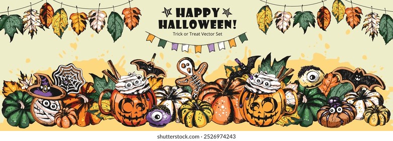 Trick or Treat, Coffee Cup Illustration. Hot chocolate drink in Halloween style decorated with pastries, sweets, pumpkins, leaves, cookies and gingerbreads. Engraved style vector artwork background. 