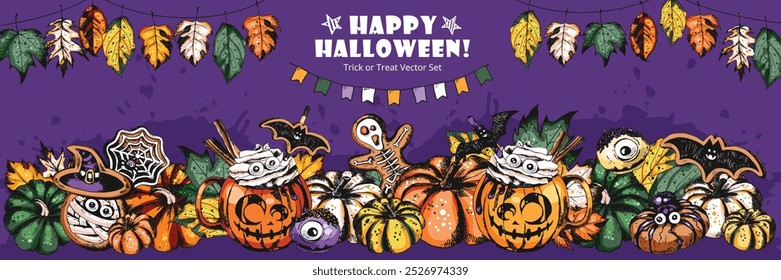 Trick or Treat, Coffee Cup Illustration. Hot chocolate drink in Halloween style decorated with pastries, sweets, pumpkins, leaves, cookies and gingerbreads. Engraved style vector artwork background. 