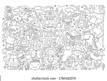 Trick Treat coloring page  Halloween coloring page for kids  Cartoon children in Halloween costumes  Cute children  witch  dracula  pumpkin  bat  zombie  mummy  cat