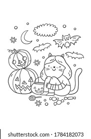 Trick or Treat coloring page. Halloween coloring page for kids. Cartoon children in Halloween costumes. Cute children, witch, dracula, pumpkin, bat, zombie, mummy, cat