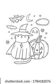 Trick or Treat coloring page. Halloween coloring page for kids. Cartoon children in Halloween costumes. Cute children, witch, dracula, pumpkin, bat, zombie, mummy, cat