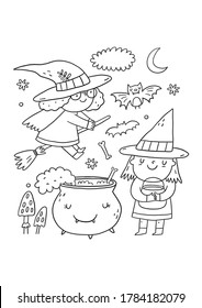 Trick or Treat coloring page. Halloween coloring page for kids. Cartoon children in Halloween costumes. Cute children, witch, dracula, pumpkin, bat, zombie, mummy, cat