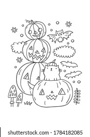 Trick or Treat coloring page. Halloween coloring page for kids. Cartoon children in Halloween costumes. Cute children, witch, dracula, pumpkin, bat, zombie, mummy, cat