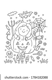 Trick or Treat coloring page. Halloween coloring page for kids. Cartoon children in Halloween costumes. Cute children, witch, dracula, pumpkin, bat, zombie, mummy, cat