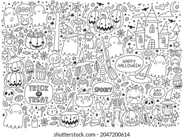 Trick or Treat coloring page. Halloween coloring page for kids. Cartoon big coloring poster in doodle style. Cute witch, ghost, castle, pumpkin, bat, zombie, mummy, cat