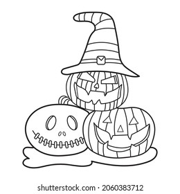 Trick or Treat coloring page. Halloween coloring page for kids. Cartoon children in Halloween costumes. Cute children, witch