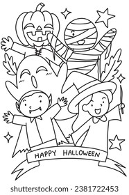 Trick or Treat coloring page. Halloween coloring page for kids. Cartoon children in Halloween costumes. Cute children, witch, dracula, pumpkin, mummy, zombie, ghost