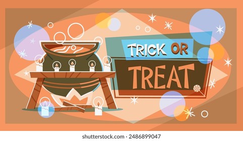 Trick or treat composition with magic cauldron and potion. Vector illustration