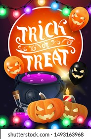 Trick or treat, creative greeting orange postcard with Halloween balloons, garland, witch's cauldron and pumpkin Jack
