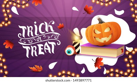 Trick or treat, creative greeting purple postcard with water drop minimal design, spell book and pumpkin Jack