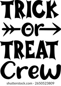 Trick or Treat Crew. Frase do logotipo da legenda da festa de Halloween. Elemento de design preto. Ilustração de fonte vetorial.
