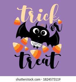 Trick Or Treat - Cute Baby bat and candy corns. Halloween vector illustation. Good for poster, banner, t shirt print, party decoration and gift design.