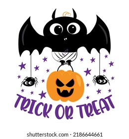 Truco o trato - bate lindo con calabaza y arañas. Es bueno para la impresión de camisetas, afiche, tarjeta, etiqueta y otra decoración para Halloween.