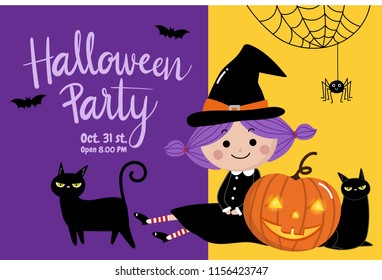 Trick or treat with cute with and black cat. Halloween pumpkin cartoon character. Party invitation. Calligraphy hand written.