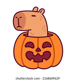 Truco o trato. Caricatura tierno de Capibara con calabaza de Halloween. Dibujo del personaje de Kawaii, graciosa ilustración vectorial.