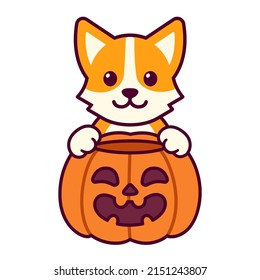 Trick Or Treat. Cute Cartoon Corgi With Halloween Pumpkin. Kawaii Dog Drawing, Funny Vector Illustration.