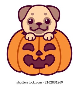 Trick or Treat. Cute cartoon Pug in Halloween pumpkin. Kawaii dog drawing, funny vector illustration.