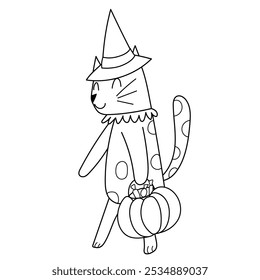 Trick or treat cute cat coloring page for kids. Feline witch Halloween character in black and white. Vector illustration