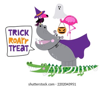 Trick or treat - Cute Crocodile , Hippopotamus und Flamingo Design zu Halloween. Briefing Poster oder T-Shirt Textil Grafik Design. Cute Flamingo-Zeichengrafik auf isoliertem Hintergrund.