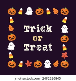 Trick or Treat. Cute Halloween Card. Square Halloween frame border design with cartoon ghost, jack o lantern, pumpkins, candy corn. Social media banner template vector illustration.