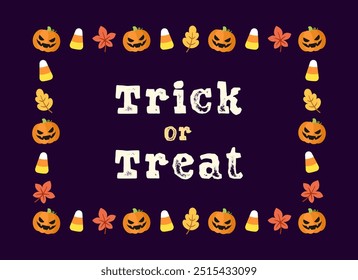 Trick or Treat. Cute Halloween Card template. Rectangle Halloween frame border with cartoon jack o lantern, pumpkins, candy corn. Social media banner post vector illustration.