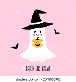 Trick or treat. Cute Halloween ghost holding pumpkin. 