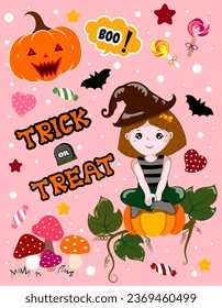 Trick or Treat. A cute Halloween little witch with a set of Halloween symbols, pumpkins, bats, candies, stars, cute pastel pink-orange tones.Illustration. Graphic design drawing. Vector