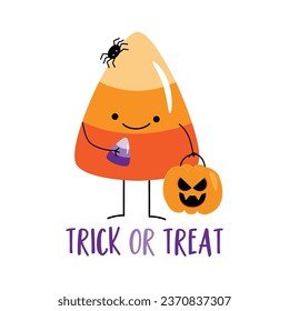 Truco o trato - maíz dulce dibujado a mano, con Jack o linterna y araña pequeña. Es bueno para ropa de bebé, tarjeta de saludo, afiche, etiqueta y otra decoración para Halloween.