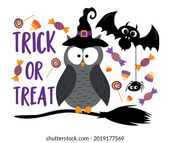 Trick or treat- Cute owl , bat, and spider with witch's hat, broom, and candies. Good for party invitation card, poster, T shirt print, label and decoration.