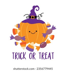 Truco o trato - calabaza linda con sombrero de bruja y con caramelos. Es bueno para ropa de bebé, afiche, tarjeta, etiqueta y otra decoración para Halloween.