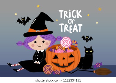 Trick or treat with cute witch and black cat. Halloween pumpkin cartoon character. 