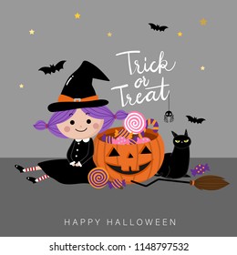 Trick or treat with cute witch and black cat. Halloween pumpkin cartoon character. Calligraphy hand written.