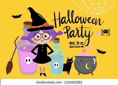 Trick or treat with cute witch and black cat. Halloween pumpkin cartoon character. Calligraphy hand written.