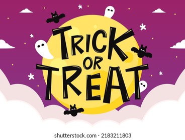 Trick or treat design with cute pumpkin. Halloween background. Jack o lantern Bowl. Flat style vector illustration.