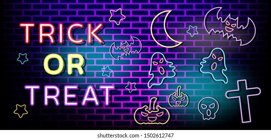 Trick or Treat design in neon light text style.Neon Text Design template  for advertising brochure. Happy Halloween party poster and theme design background Vector Illustration