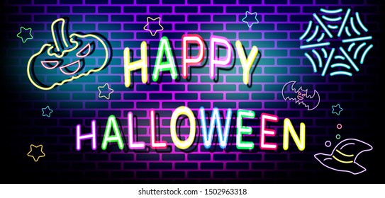 Trick or Treat design in neon light text style.Neon Text Design template  for advertising brochure. Happy Halloween party poster and theme design background Vector Illustration