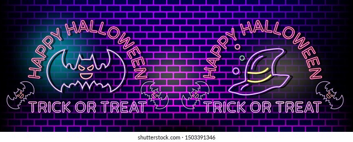 Trick or Treat design in neon light text style.Neon Text Design template  for advertising brochure. Happy Halloween party poster and theme design background Vector Illustration